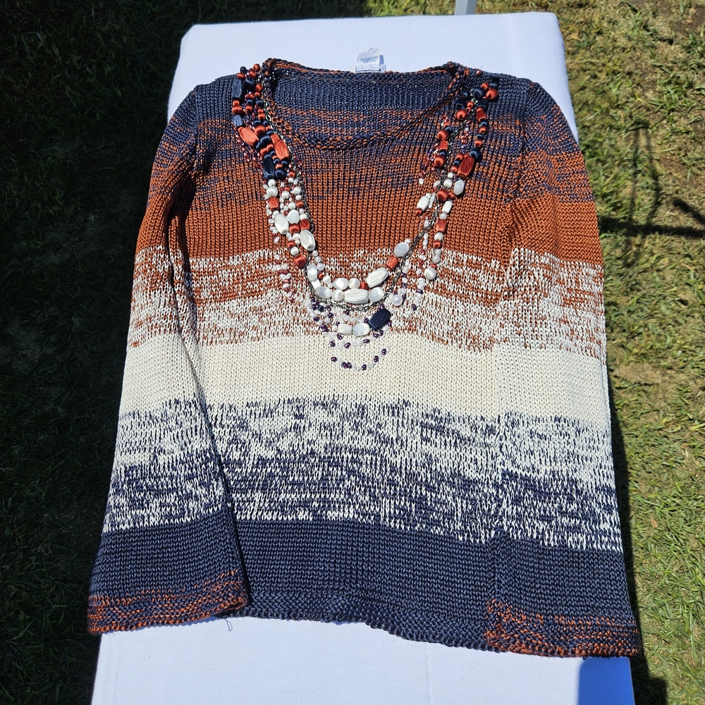 Oscar de la Renta Navy and Orange Knit Sweater